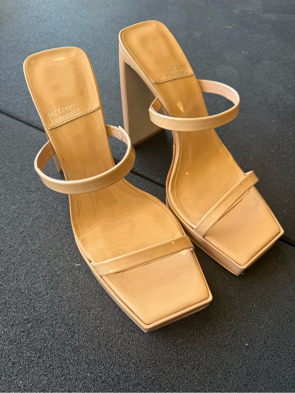Jeffrey Campbell Nude Patent Square-Toe Block Heel Sandals
